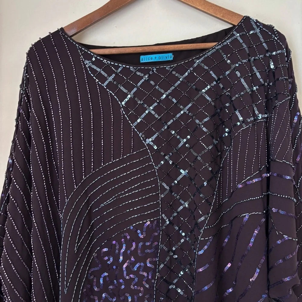 Alice + Olivia Purple Silk Beaded Sequin Dolman Sleeve Blouse Large Cocktails